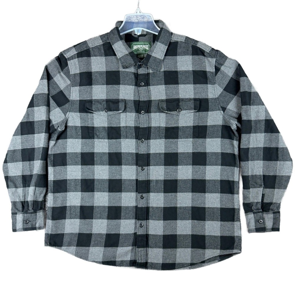 American Eagle Men XXL Gray Black Buffalo Plaid Flannel Button Down Shirt Casual